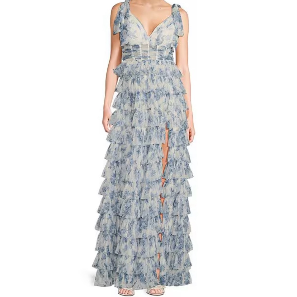Floral print V neck tie straps tiered ruffle a-line dress